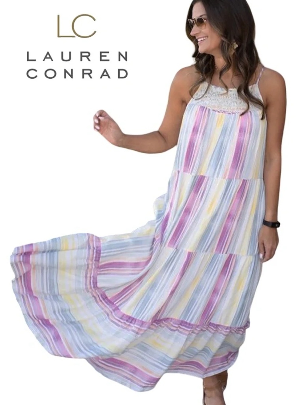 Lauren Conrad Rayon Maxi Dress Boho Tiered Prairie Peasant Pastel Embroidery